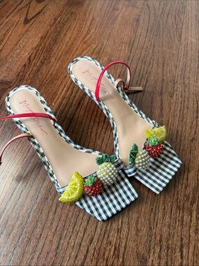 Betsey Johnson Black Gingham Heeled Slide Sandals with Beaded Fruit